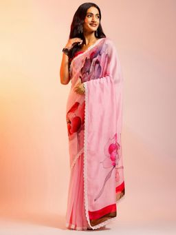 Navyasa By Liva - Pink Silk Excel Floral Print Saree with Unstitched Blouse