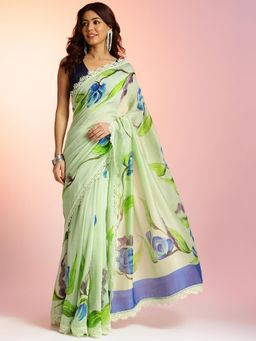 Navyasa By Liva - Green Silk Excel Hand Painted Crystals Stone Saree with Unstitched Blouse