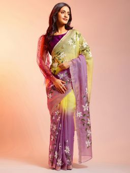 Navyasa By Liva - Yellow and Purple Silk Kota Floral Hand Painted Saree with Unstitched Blouse