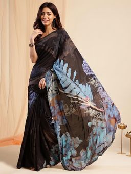 Navyasa By Liva - Black Crepe Floral Printed Crystal Stones Saree with Unstitched Blouse