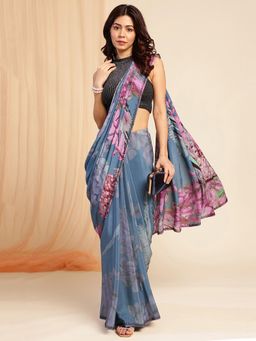 Navyasa By Liva - Blue Crepe Floral Printed Crystal Stones Saree with Unstitched Blouse