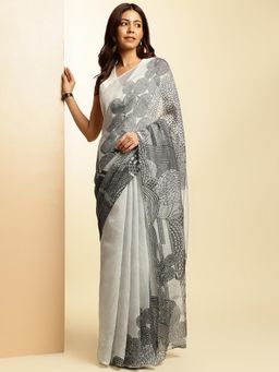 Navyasa By Liva - Women Grey Silk Excel Printed Saree with Unstitched Blouse