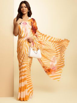Navyasa By Liva - Yellow Crepe Stripes Printed Saree with Unstitched Blouse