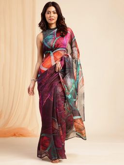Navyasa By Liva - Multi-Color Silk Excel Print Saree with Unstitched Blouse