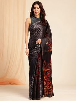 Navyasa By Liva - Black and Red Satin Printed Saree with Unstitched Blouse