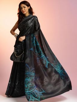 Navyasa By Liva - Black and Blue Satin Printed Saree with Unstitched Blouse
