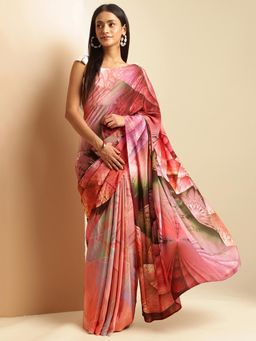 Navyasa By Liva - Women Peach Crepe Printed Saree with Unstitched Blouse