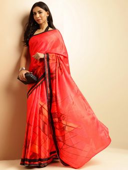 Navyasa By Liva - Women Red Satin Printed Saree with Unstitched Blouse