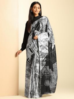 Navyasa By Liva - Women Grey Satin Printed Saree with Unstitched Blouse