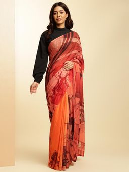 Navyasa By Liva - Women Orange Chiffon Printed Saree with Unstitched Blouse