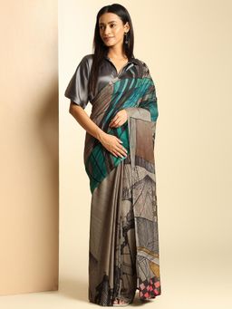 Navyasa By Liva - Women Grey Chiffon Printed Saree with Unstitched Blouse