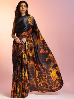 Navyasa By Liva - Women Black Satin Printed Saree with Unstitched Blouse