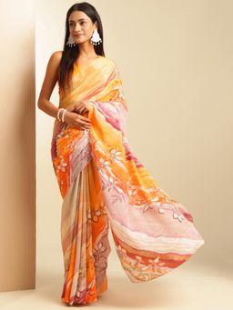 Navyasa By Liva - Orange and Pink Crepe Floral Print Saree with Unstitched Blouse