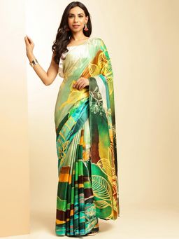 Navyasa By Liva - Green Satin Floral Print Saree with Unstitched Blouse