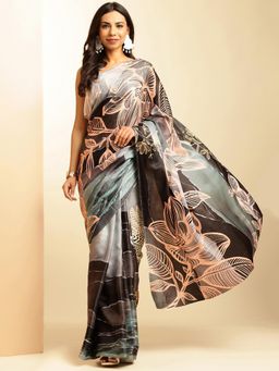 Navyasa By Liva - Grey Satin Floral Print Saree with Unstitched Blouse