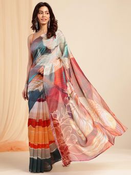 Navyasa By Liva - Women Multi-Color Silk Excel Print Saree with Unstitched Blouse
