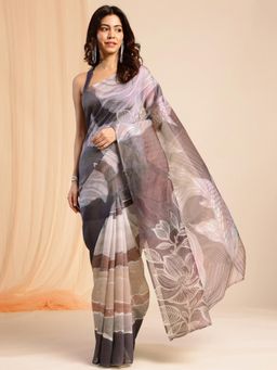 Navyasa By Liva - Women Grey Silk Excel Print Saree with Unstitched Blouse