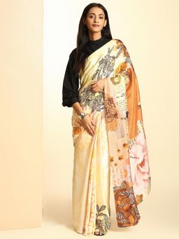 Navyasa By Liva - Beige Satin Floral Print Saree with Unstitched Blouse