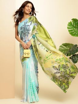Navyasa By Liva - Green Satin Floral Print Saree with Unstitched Blouse