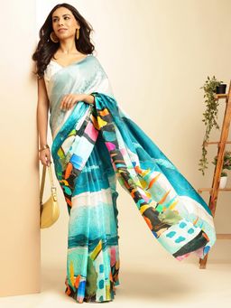 Navyasa By Liva - Women Blue Satin Printed Saree with Unstitched Blouse