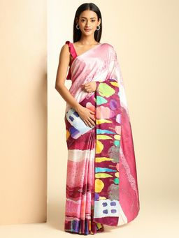 Navyasa By Liva - Women Pink Satin Printed Saree with Unstitched Blouse