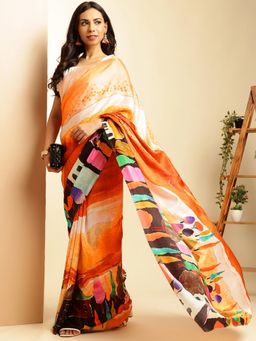 Navyasa By Liva - Women Orange Satin Printed Saree with Unstitched Blouse
