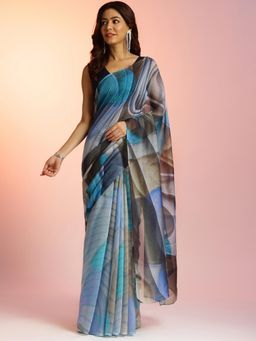 Navyasa By Liva - Women Blue Silk Excel Print Saree with Unstitched Blouse