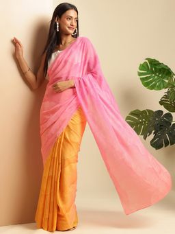 Navyasa By Liva - Pink and Orange Crepe Ombre Print Saree with Unstitched Blouse