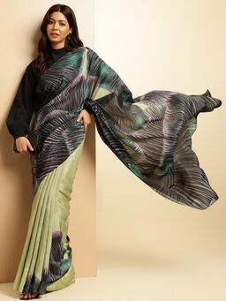 Navyasa By Liva - Women Green Crepe Printed Saree with Unstitched Blouse