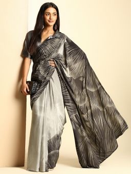 Navyasa By Liva - Women Grey Crepe Printed Saree with Unstitched Blouse