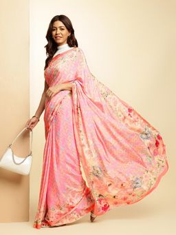 Navyasa By Liva - Pink Crepe Floral Print Saree with Unstitched Blouse