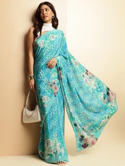 Navyasa By Liva - Turquoise Liva Crepe Floral Print Saree with Unstitched Blouse