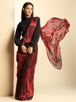 Navyasa By Liva - Women Red Chiffon Printed Saree with Unstitched Blouse