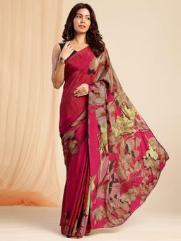 Navyasa By Liva - Red Crepe Printed Crystal Stones Saree with Unstitched Blouse