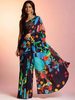 Navyasa By Liva - Black Crepe Floral Print Saree with Unstitched Blouse