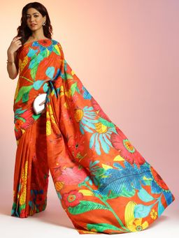 Navyasa By Liva - Orange Muslin Jacquard Floral Print Saree with Unstitched Blouse