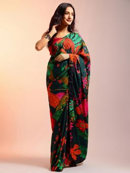 Navyasa By Liva - Multi-Color Muslin Floral Print Saree with Unstitched Blouse