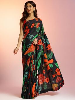 Navyasa By Liva - Black Muslin Floral Print Saree with Unstitched Blouse