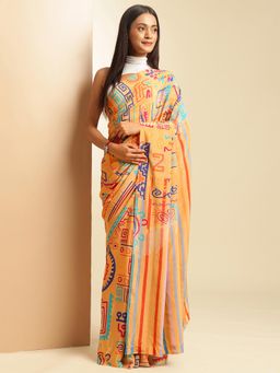 Navyasa By Liva - Multicolor Crepe Stripes Print Saree with Unstitched Blouse