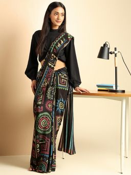 Navyasa By Liva - Black Crepe Stripes Print Saree with Unstitched Blouse
