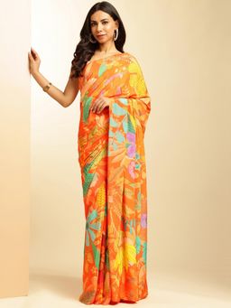 Navyasa By Liva - Orange Crepe Floral Print Saree with Unstitched Blouse