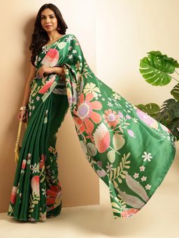 Navyasa By Liva - Green Satin Floral Print Saree with Unstitched Blouse