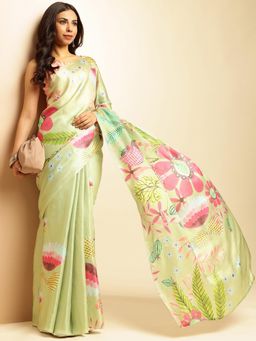 Navyasa By Liva - Women Green Satin Floral Print Saree with Unstitched Blouse