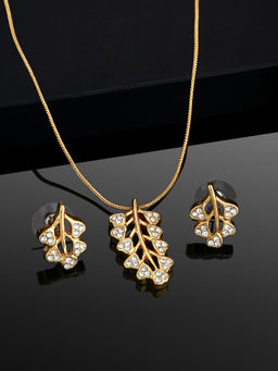 Estele - Gold Plated Leaf Designer Necklace with Austrian Crystals for Women (Set of 2)