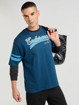 DILLINGER - Mens Blue Puff Printed Oversized Half Sleeve Round Neck T-Shirt