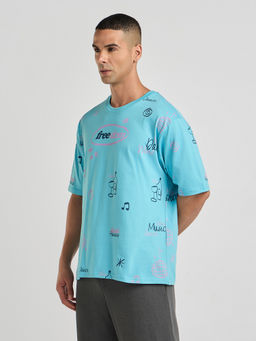 DILLINGER - Mens Blue Printed Oversized Half Sleeve Round Neck T-Shirt