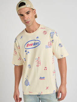 DILLINGER - Mens Cream Printed Oversized Half Sleeve Round Neck T-Shirt