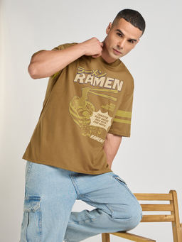 DILLINGER - Mens Mustard Printed Oversized Half Sleeve Round Neck T-Shirt