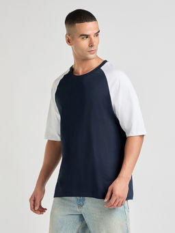 DILLINGER - Mens Navy Blue Solid Oversized Raglan Sleeve Round Neck T-Shirt