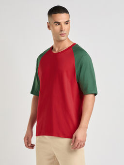 DILLINGER - Mens Red Solid Oversized Raglan Sleeve Round Neck T-Shirt